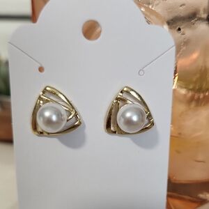 Elegant Gold and Pearl Triangle Earrings